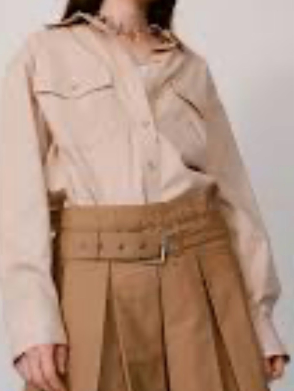Reese Bluntstein Classic Pleated A-Line Skirt in Tan with Wrap Detail